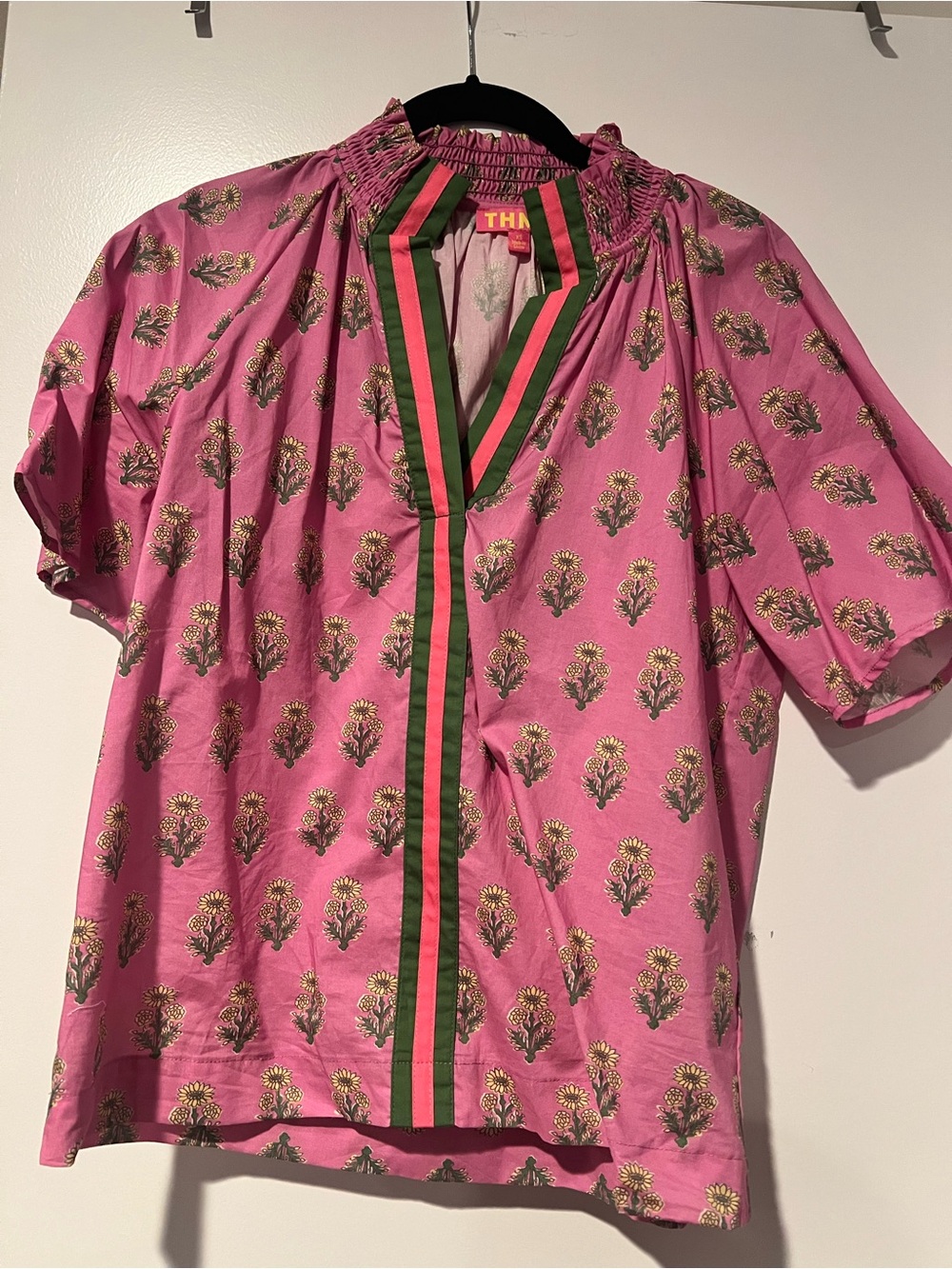 THML Pink Floral Short-Sleeve Shirt with Green and Red Trim